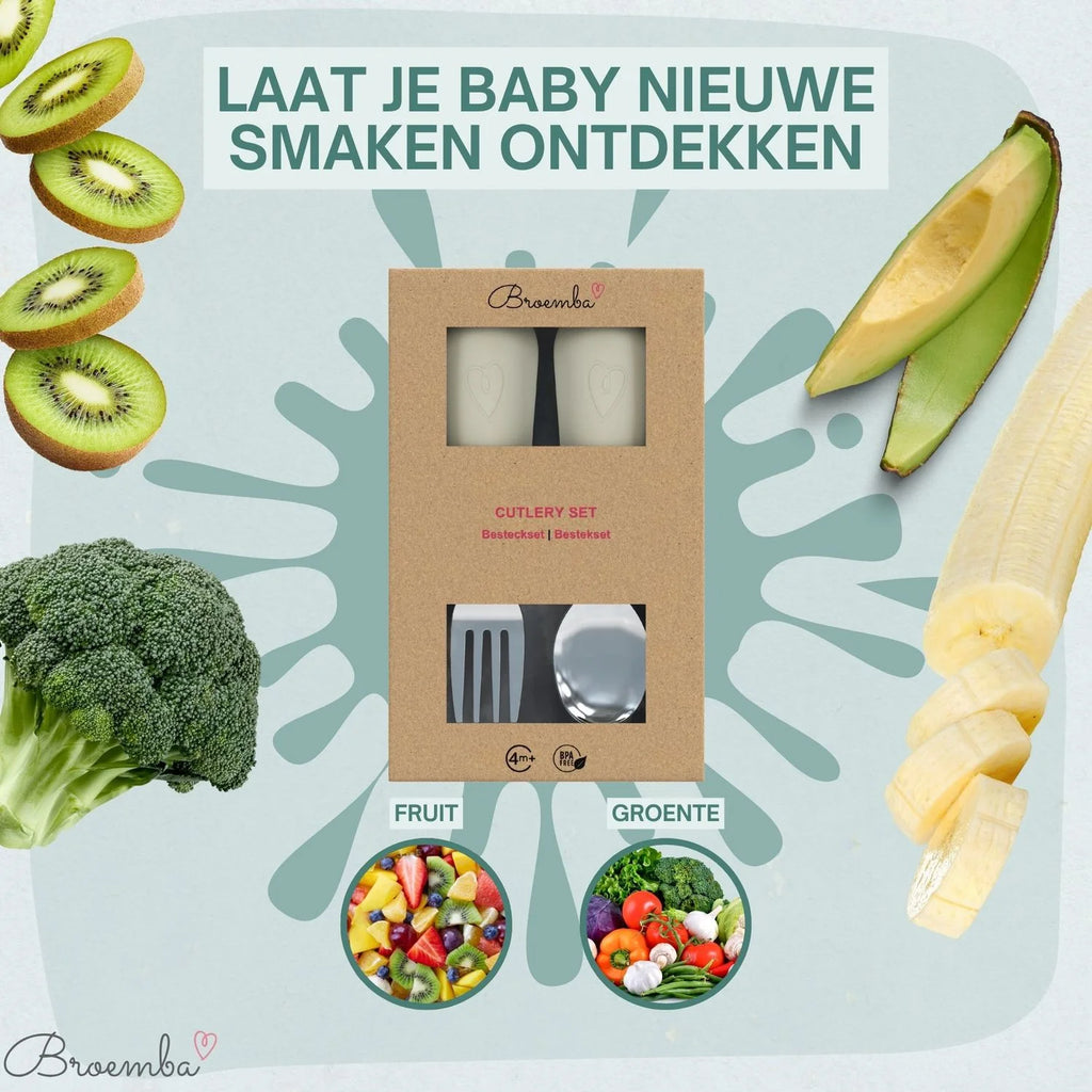 Broemba rvs baby lepel en vork beige