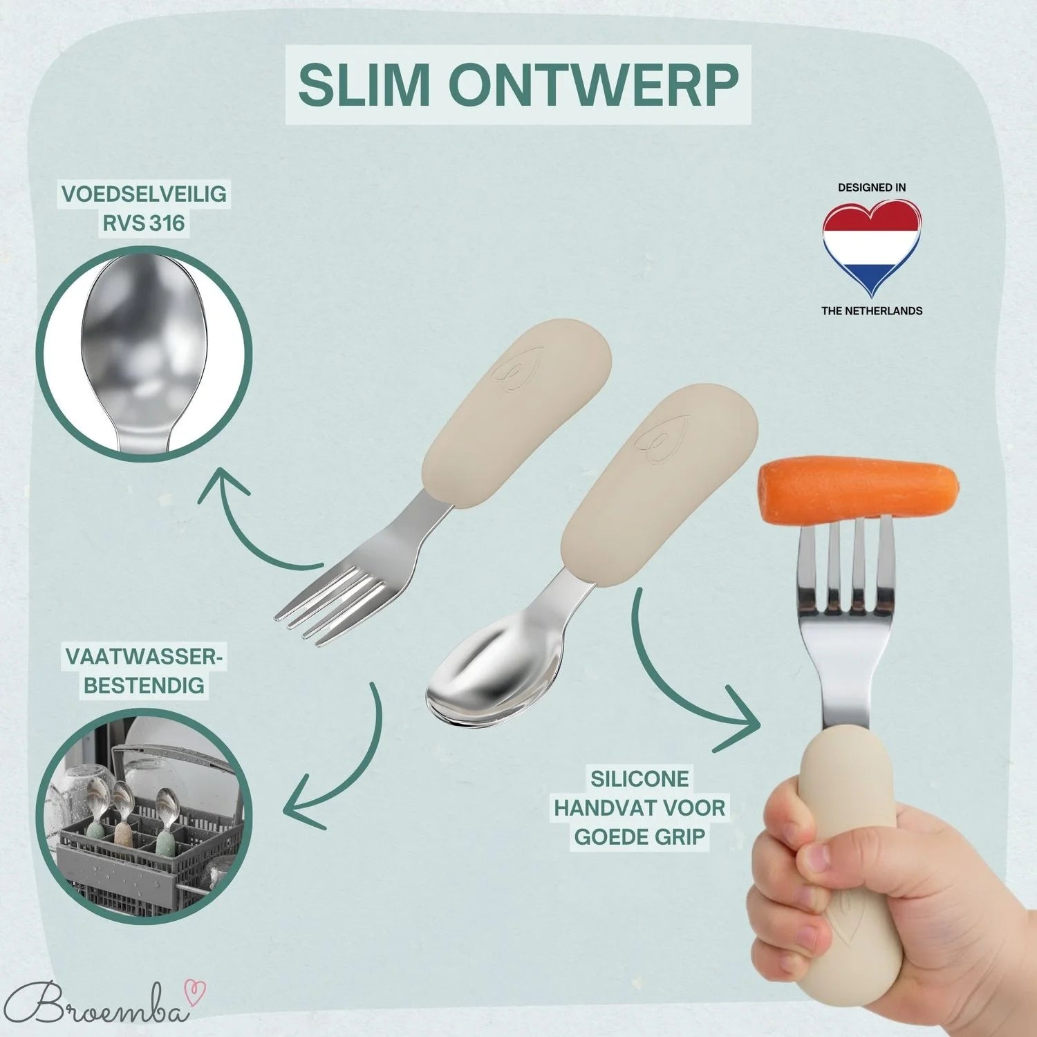 Broemba rvs baby lepel en vork beige