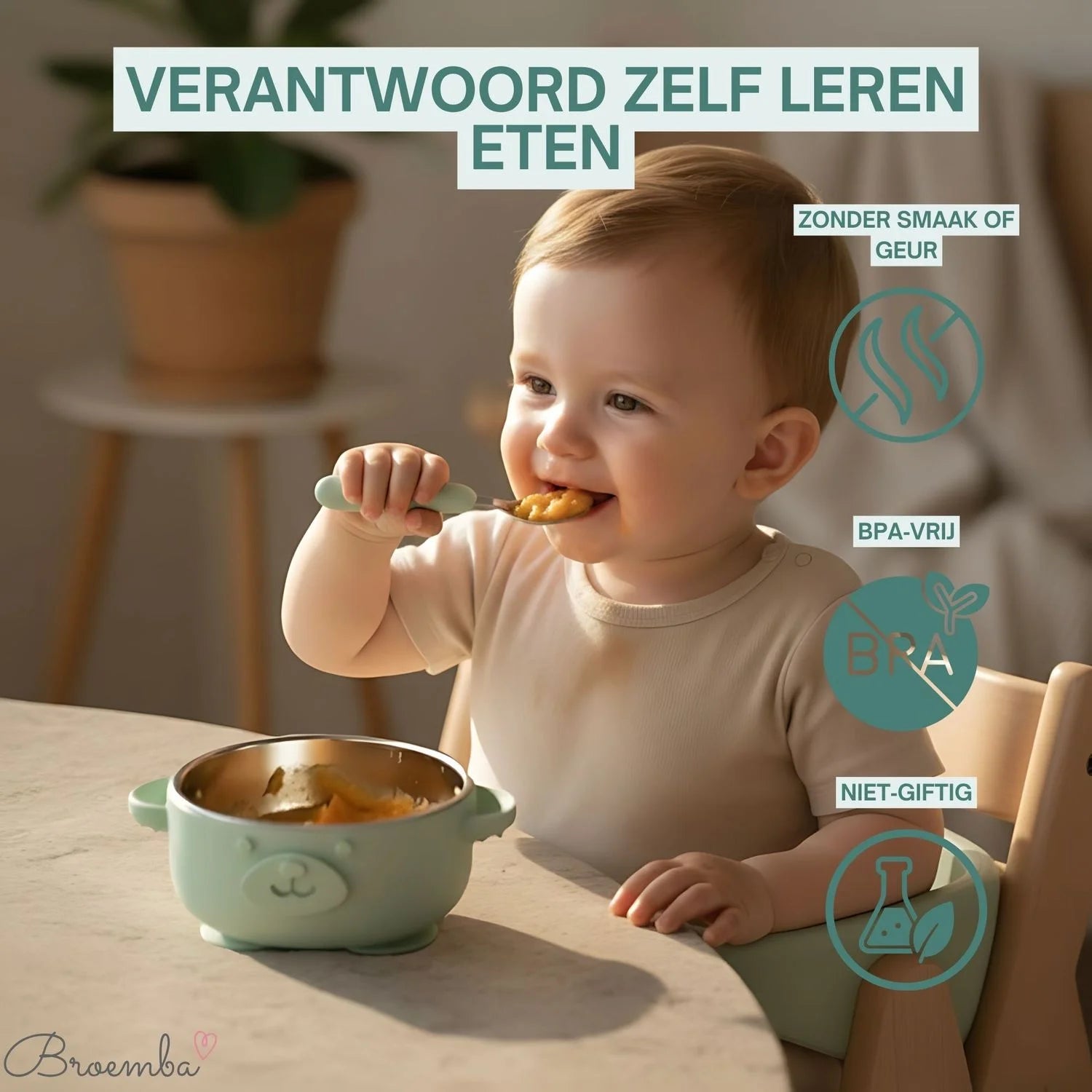 Broemba rvs baby lepel en vork set beige / groen