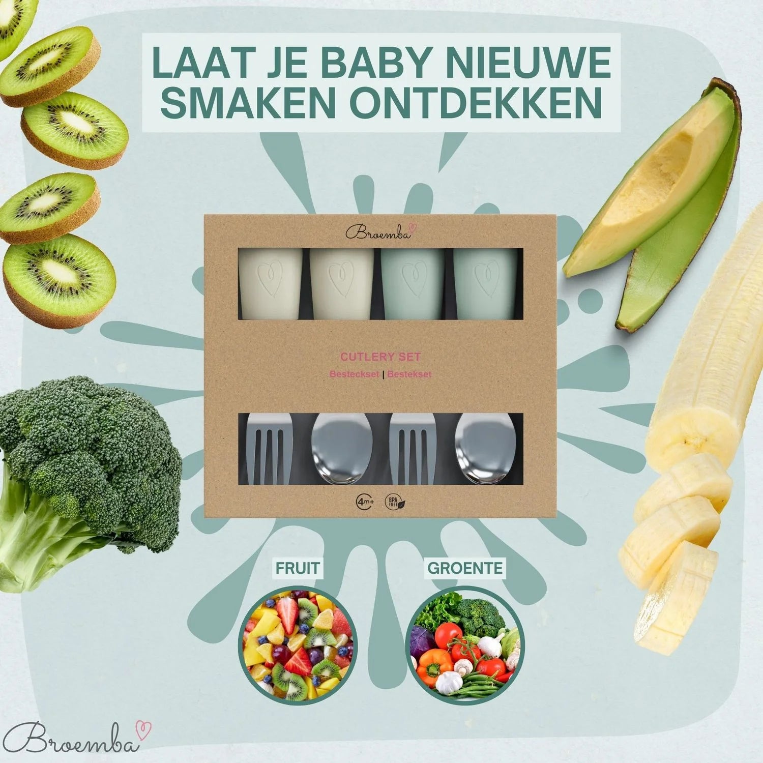 Broemba rvs baby lepel en vork set beige / groen