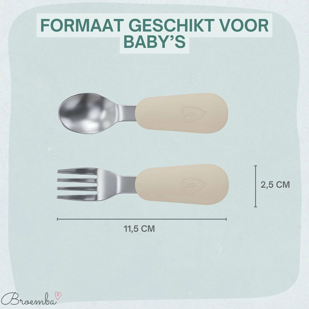 Broemba rvs baby lepel en vork set beige / groen
