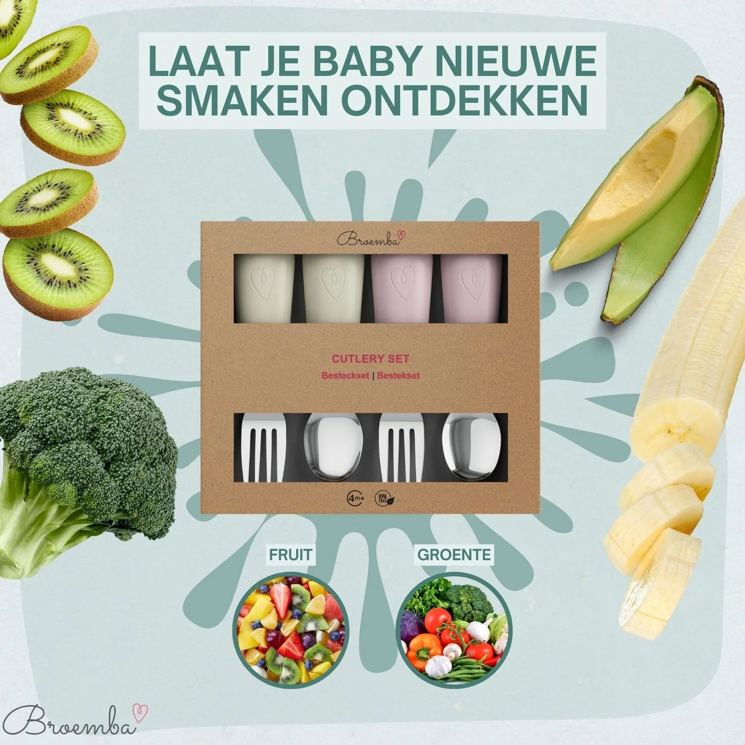 Broemba rvs baby lepel en vork set beige / roze