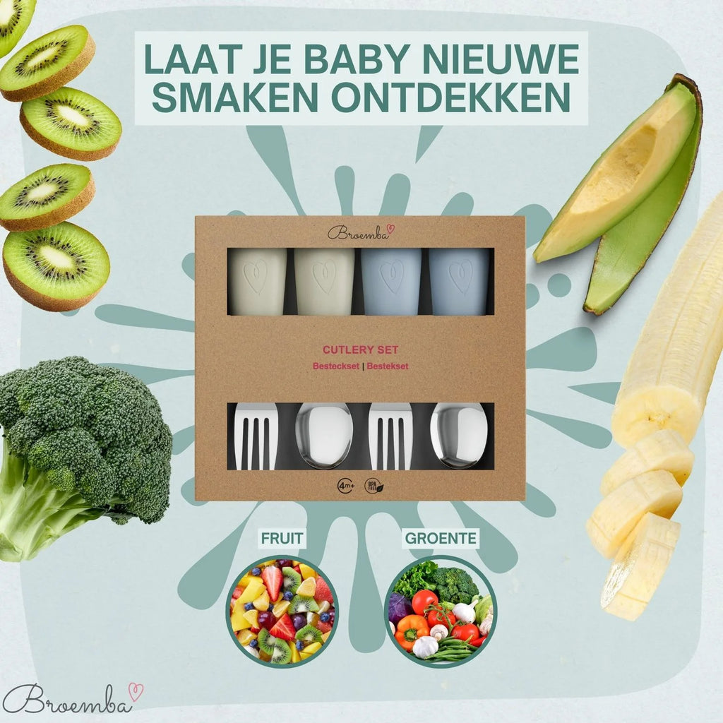Broemba rvs baby lepel en vork set beige / blauw