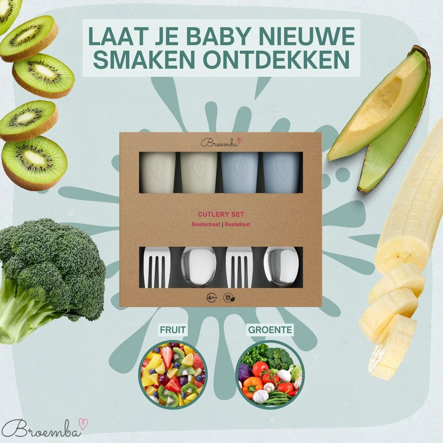 Broemba rvs baby lepel en vork set beige / blauw