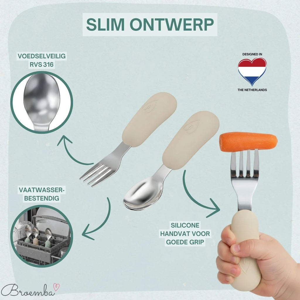 Broemba rvs baby lepel en vork set beige / blauw