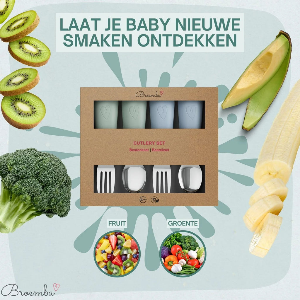 Broemba rvs baby lepel en vork set groen / blauw
