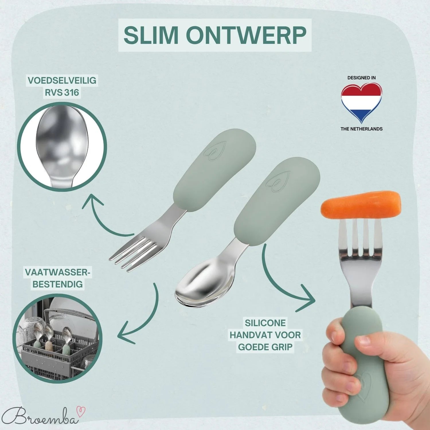 Broemba rvs baby lepel en vork set groen / blauw