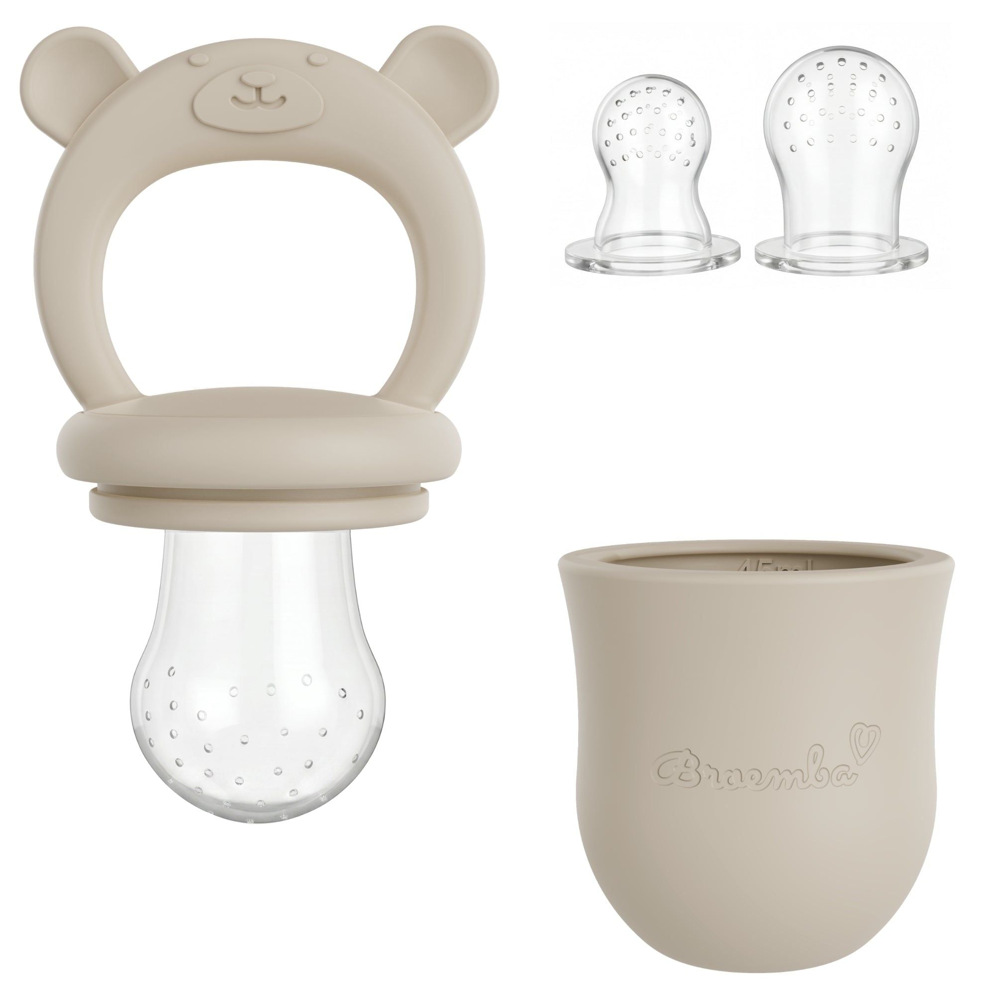 Beige fruitspeen van siliconen met 3 maten spenen voor baby's, ideaal voor eerste hapjes en als bijtring.