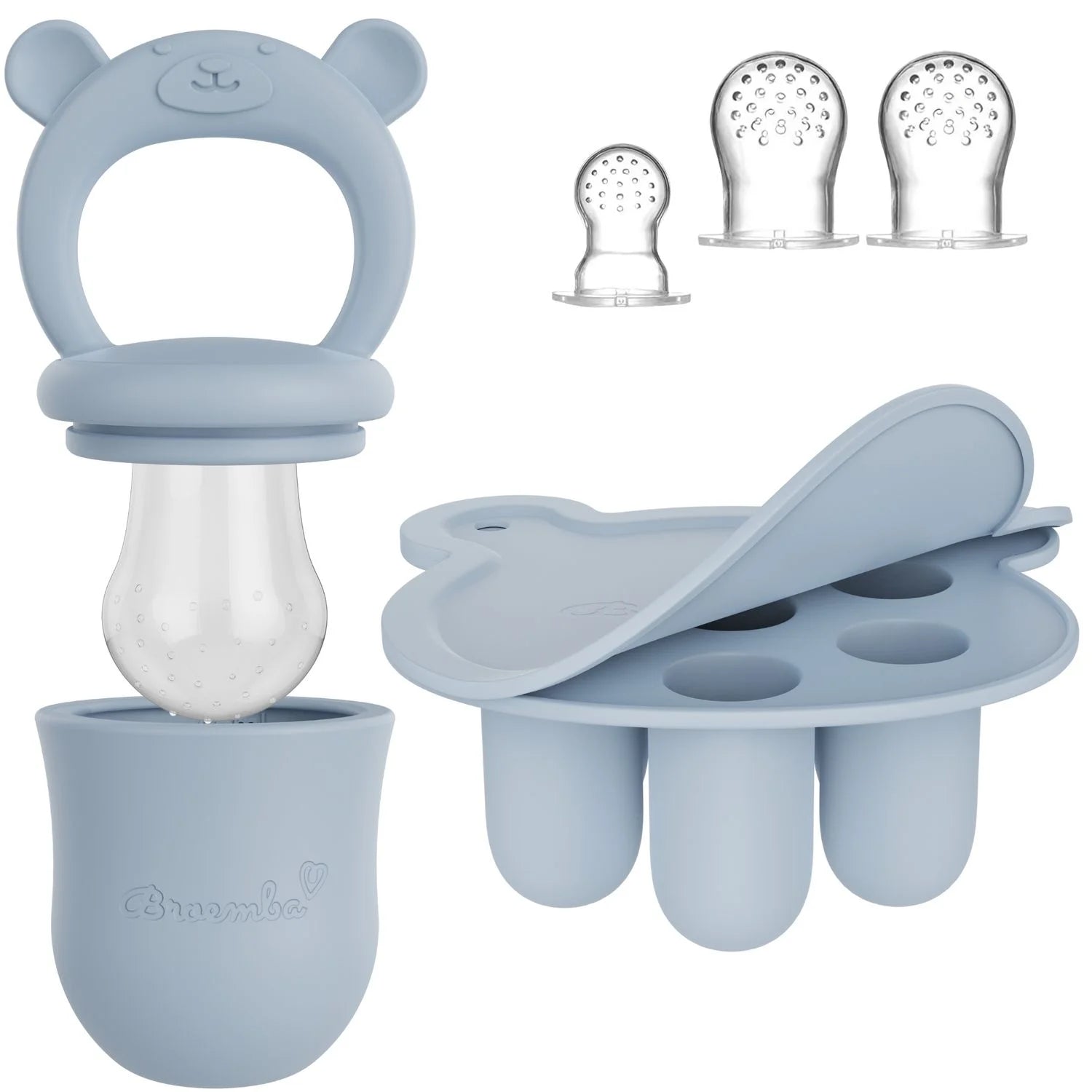 Broemba baby fruitspeen met 3 spenen en ijsblokjesvorm in blauw