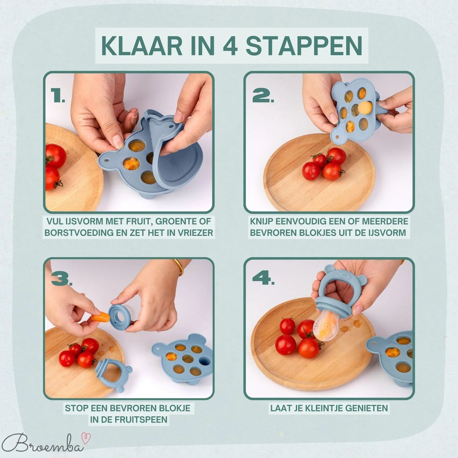 Broemba baby fruitspeen met 3 spenen en ijsblokjesvorm in blauw