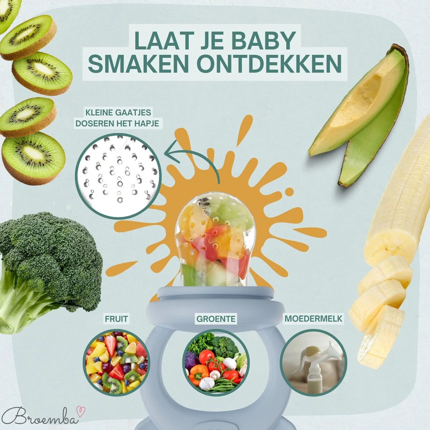 Broemba baby fruitspeen met 3 spenen en ijsblokjesvorm in blauw