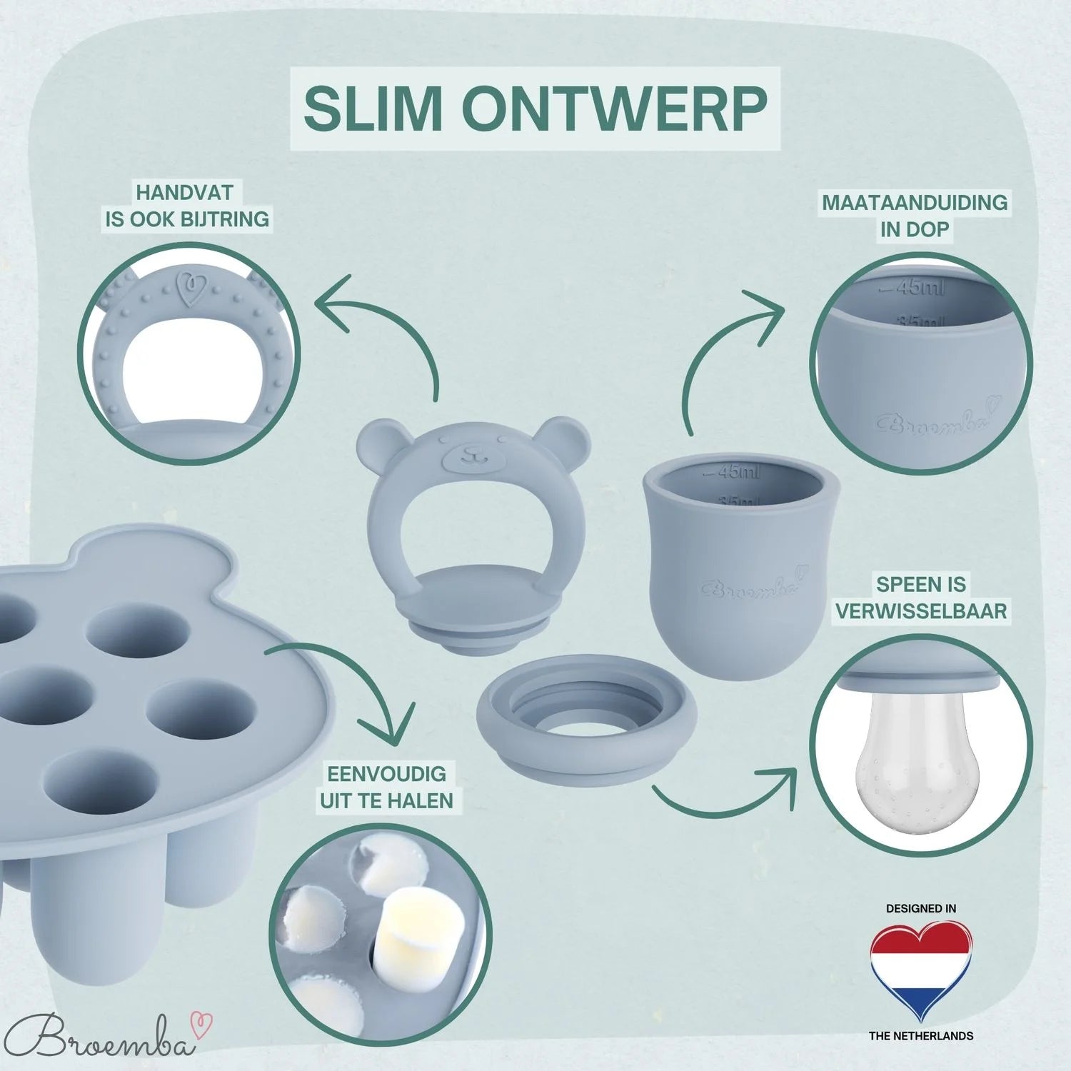 Broemba baby fruitspeen met 3 spenen en ijsblokjesvorm in blauw