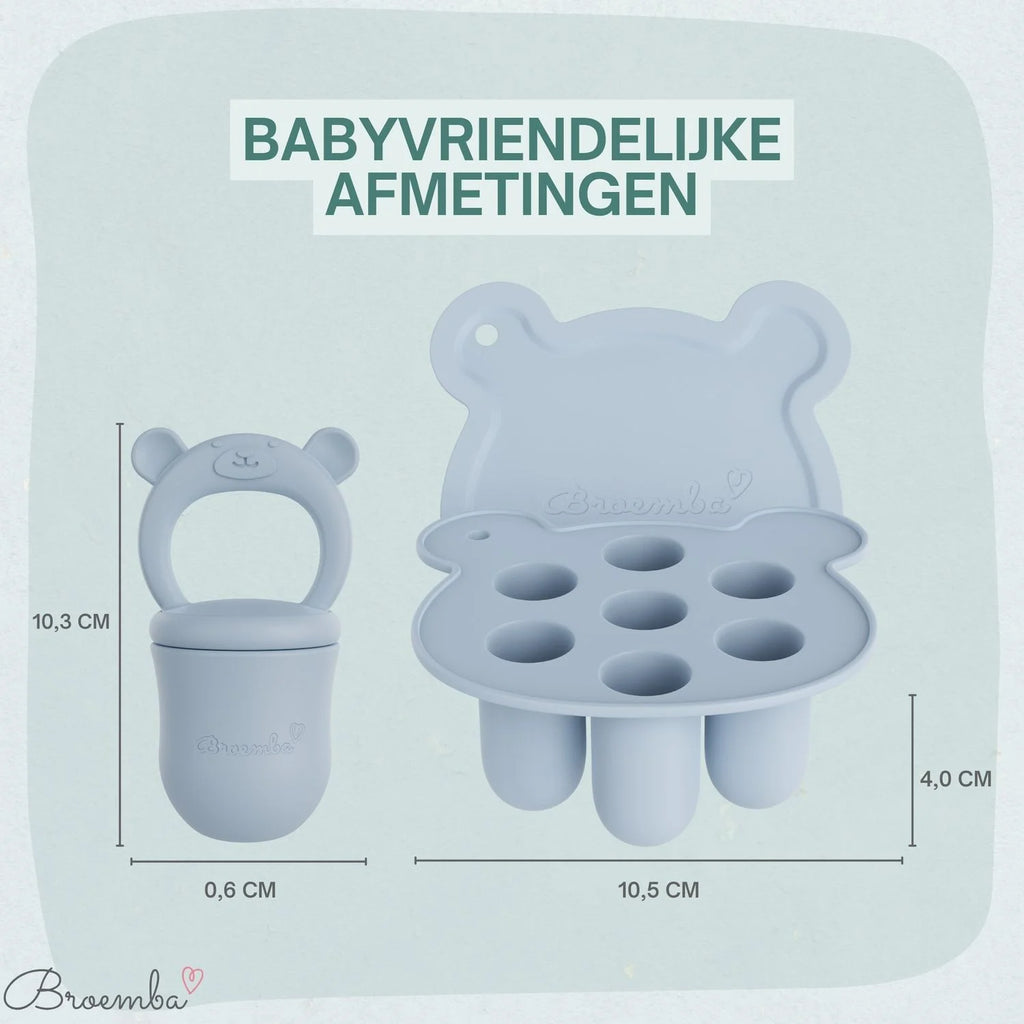 Broemba baby fruitspeen met 3 spenen en ijsblokjesvorm in blauw