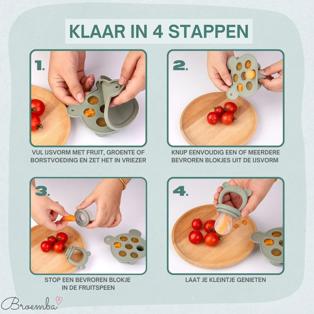 Broemba baby fruitspeen met 3 spenen en ijsblokjesvorm in groen