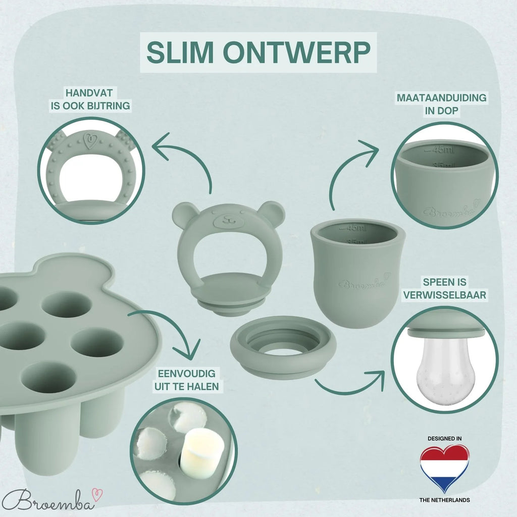 Broemba baby fruitspeen met 3 spenen en ijsblokjesvorm in groen