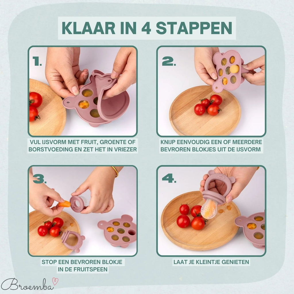 Broemba baby fruitspeen met 3 spenen en ijsblokjesvorm in roze