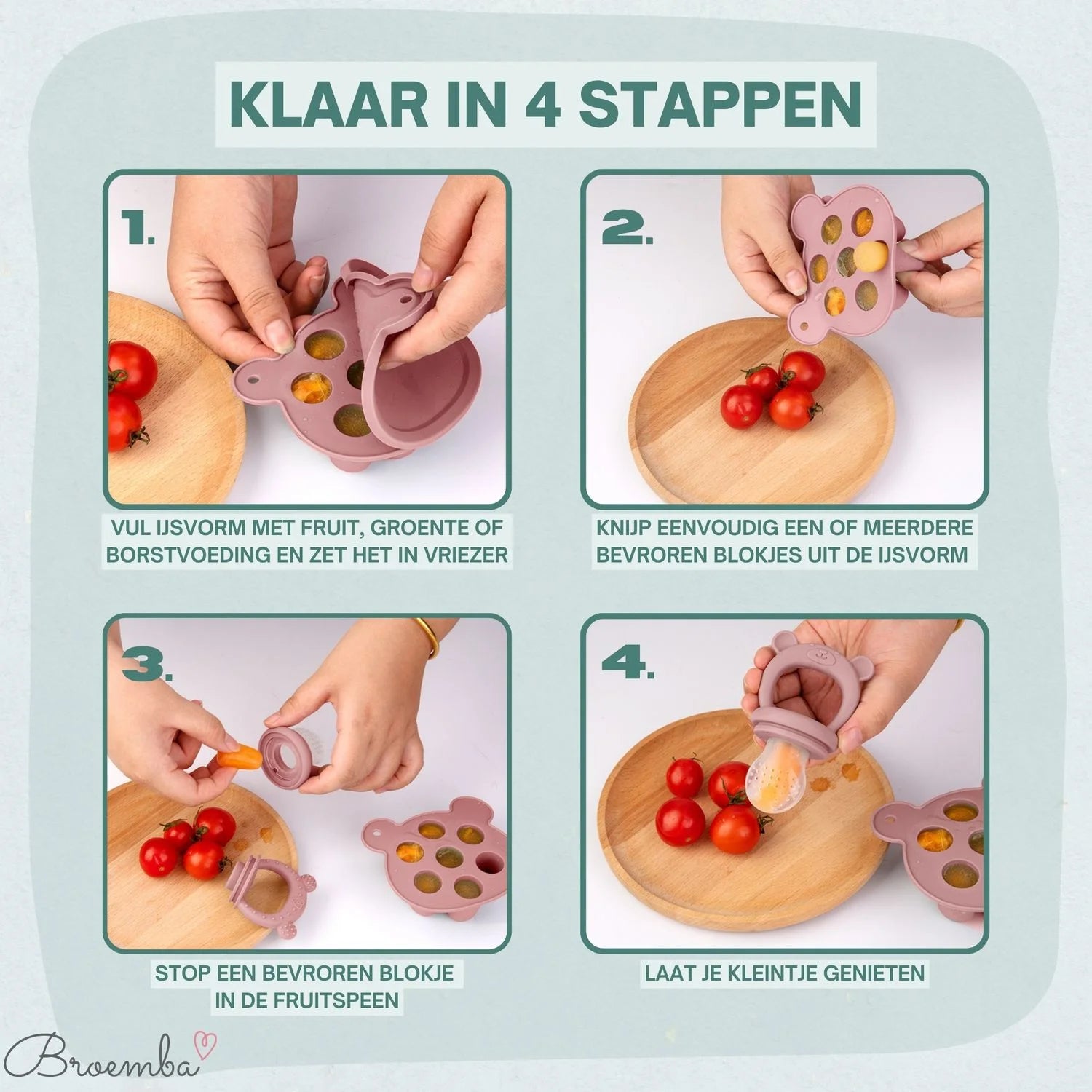 Broemba baby fruitspeen met 3 spenen en ijsblokjesvorm in roze