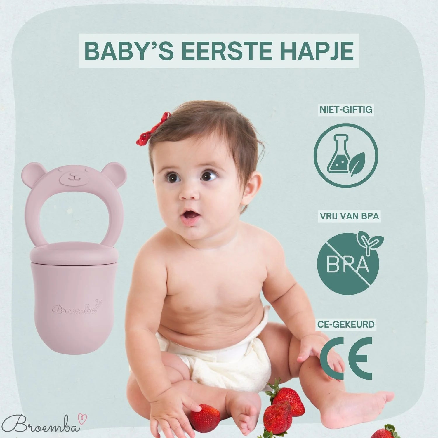 Broemba baby fruitspeen met 3 spenen en ijsblokjesvorm in roze