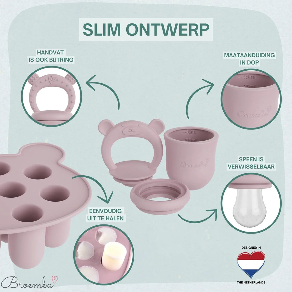 Broemba baby fruitspeen met 3 spenen en ijsblokjesvorm in roze