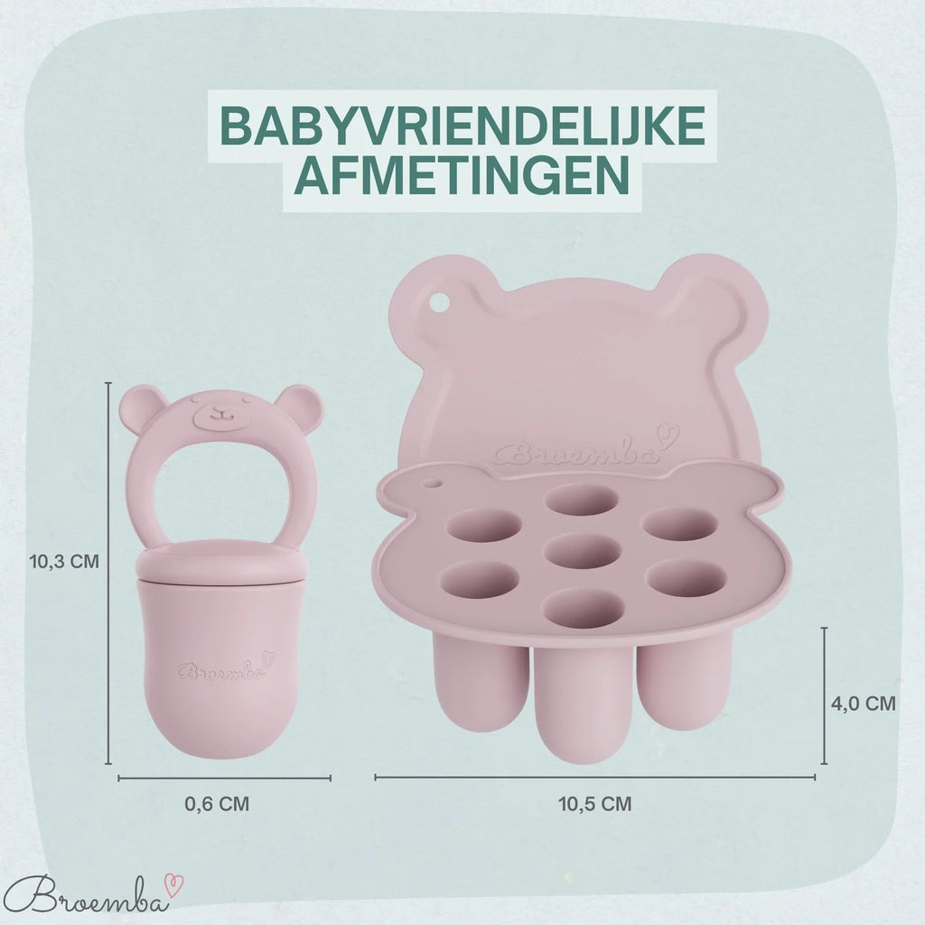 Broemba baby fruitspeen met 3 spenen en ijsblokjesvorm in roze