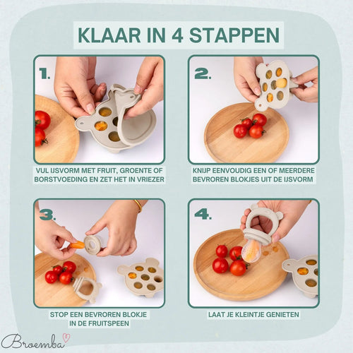 Broemba baby fruitspeen met 3 spenen en ijsblokjesvorm in beige