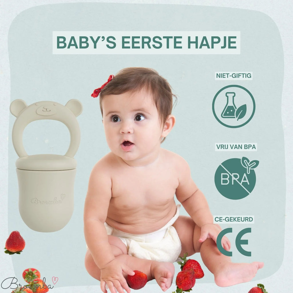 Broemba baby fruitspeen met 3 spenen en ijsblokjesvorm in beige
