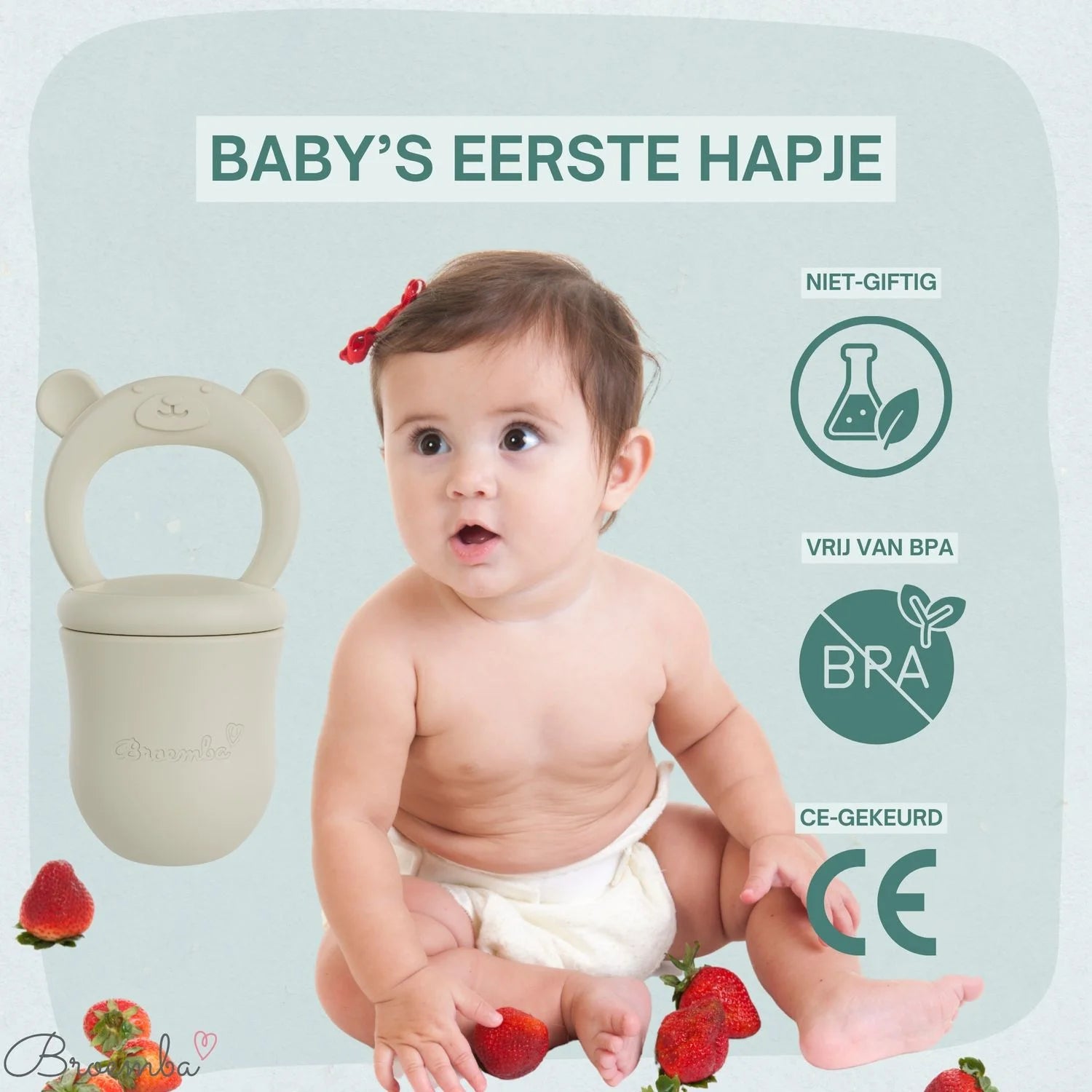 Broemba baby fruitspeen met 3 spenen en ijsblokjesvorm in beige