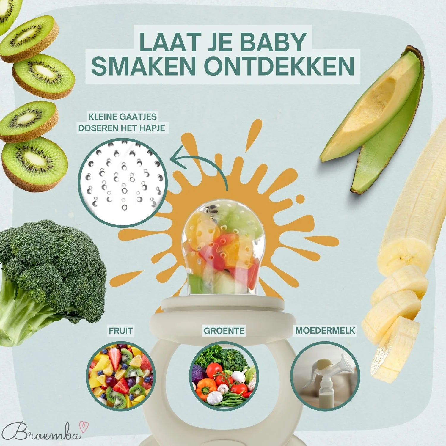 Broemba baby fruitspeen met 3 spenen en ijsblokjesvorm in beige