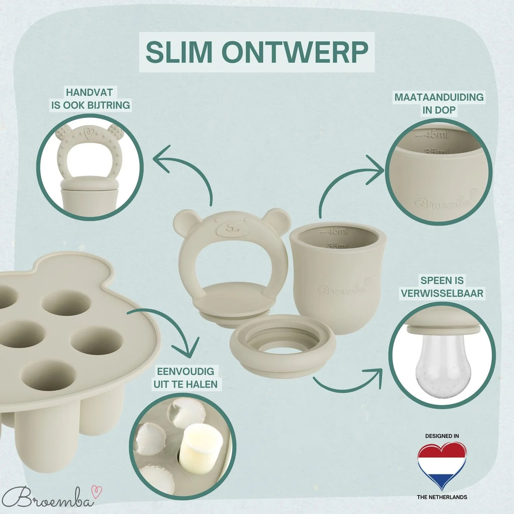 Broemba baby fruitspeen met 3 spenen en ijsblokjesvorm in beige