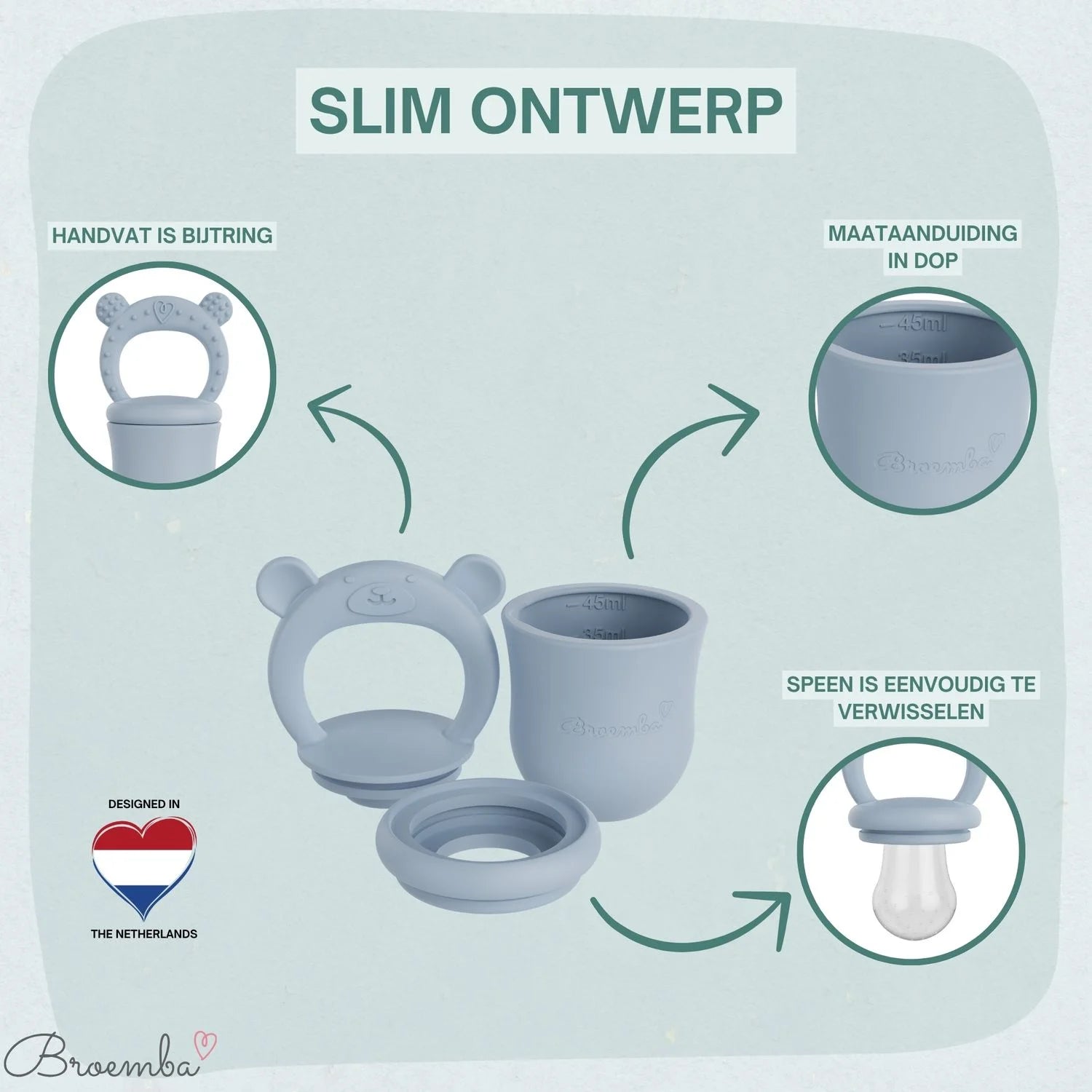 Broemba baby fruitspeen met 3 spenen in blauw