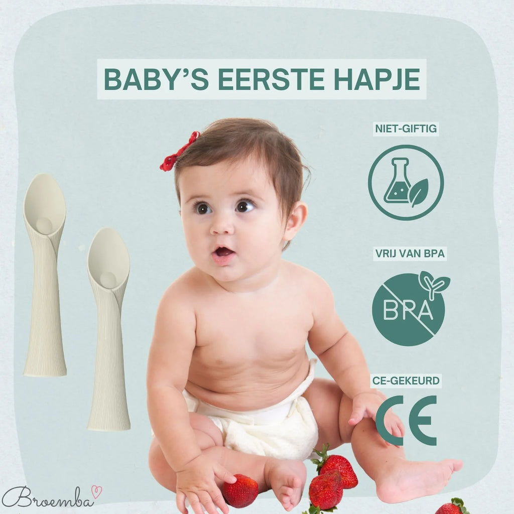 Broemba 2 baby oefenlepels met zuignap in beige