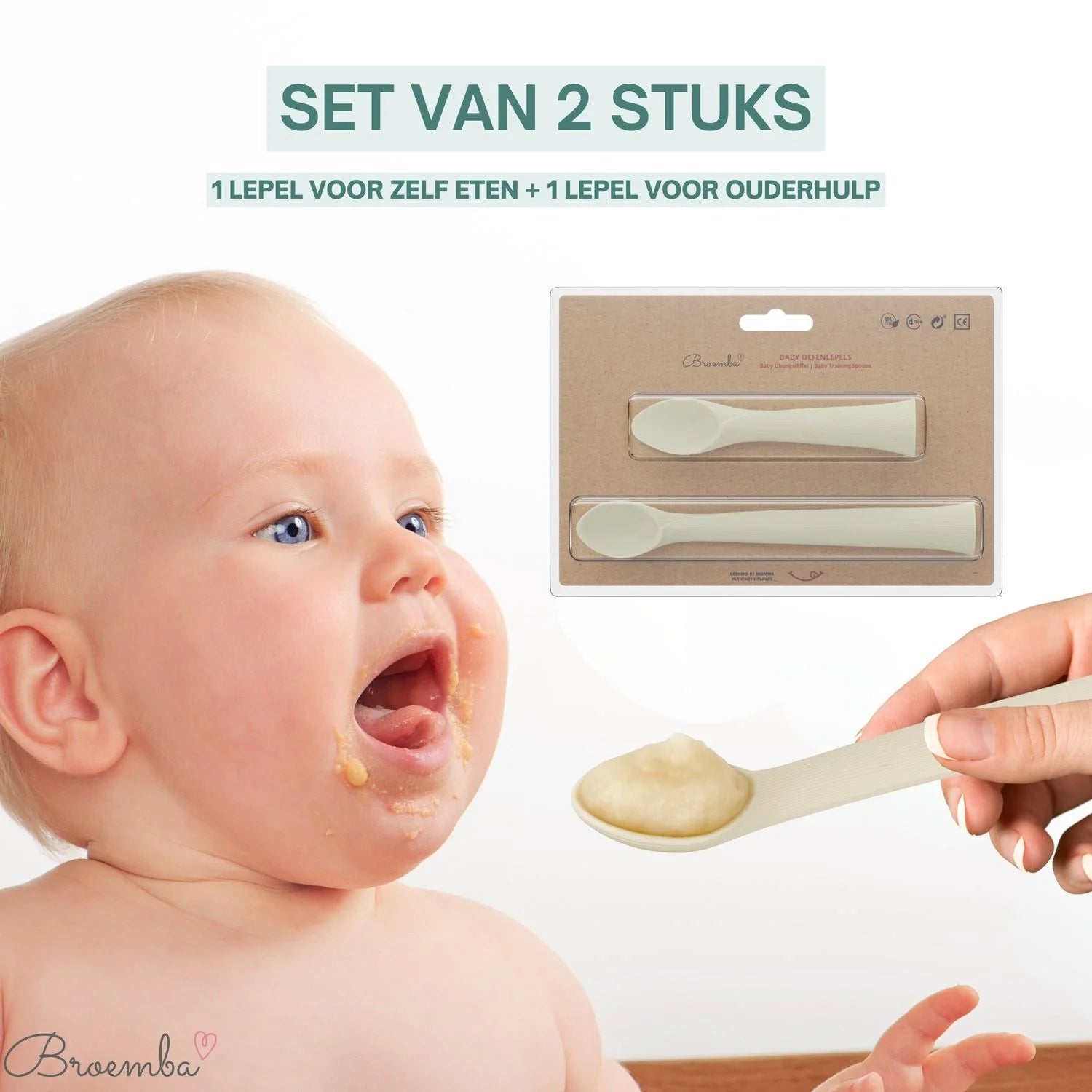 Broemba baby oefenlepel en hulplepel met zuignap in beige
