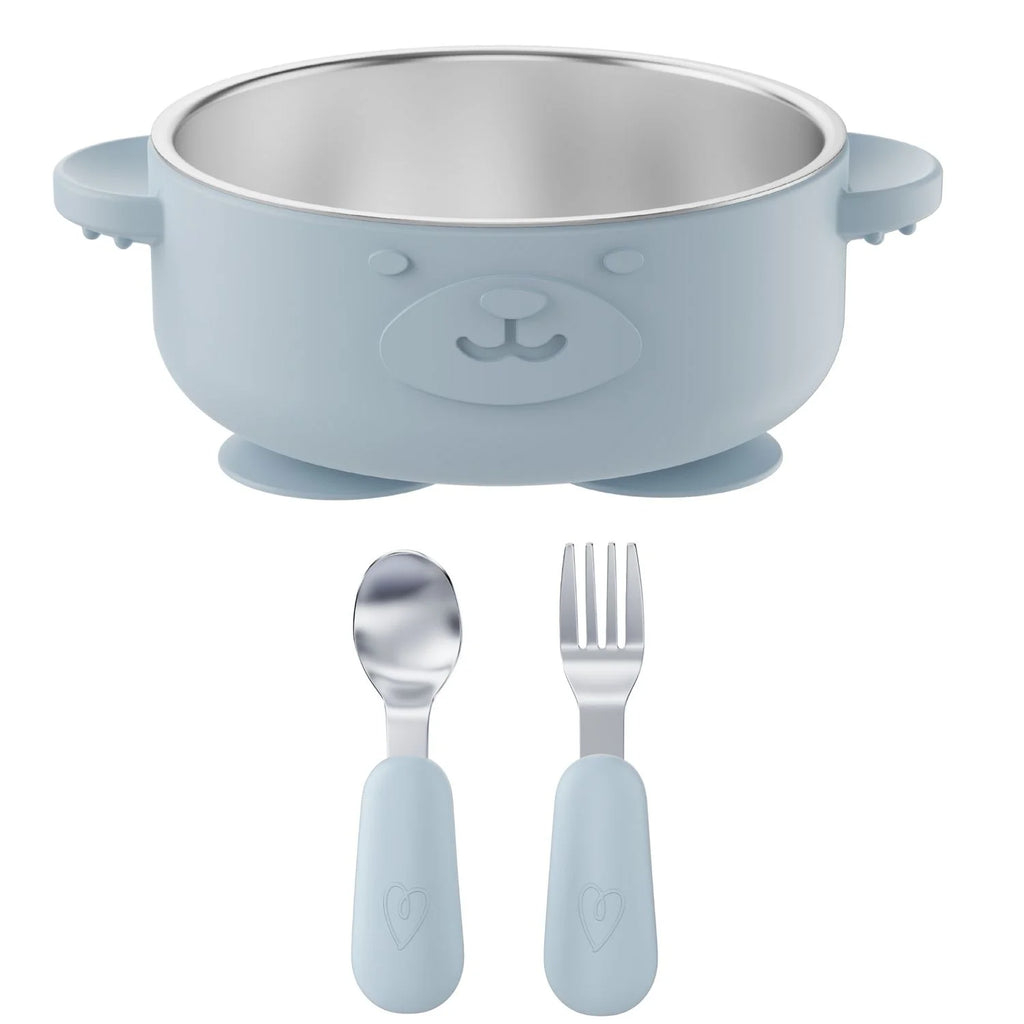 Broemba RVS baby kom met zuignap en bestek blauw