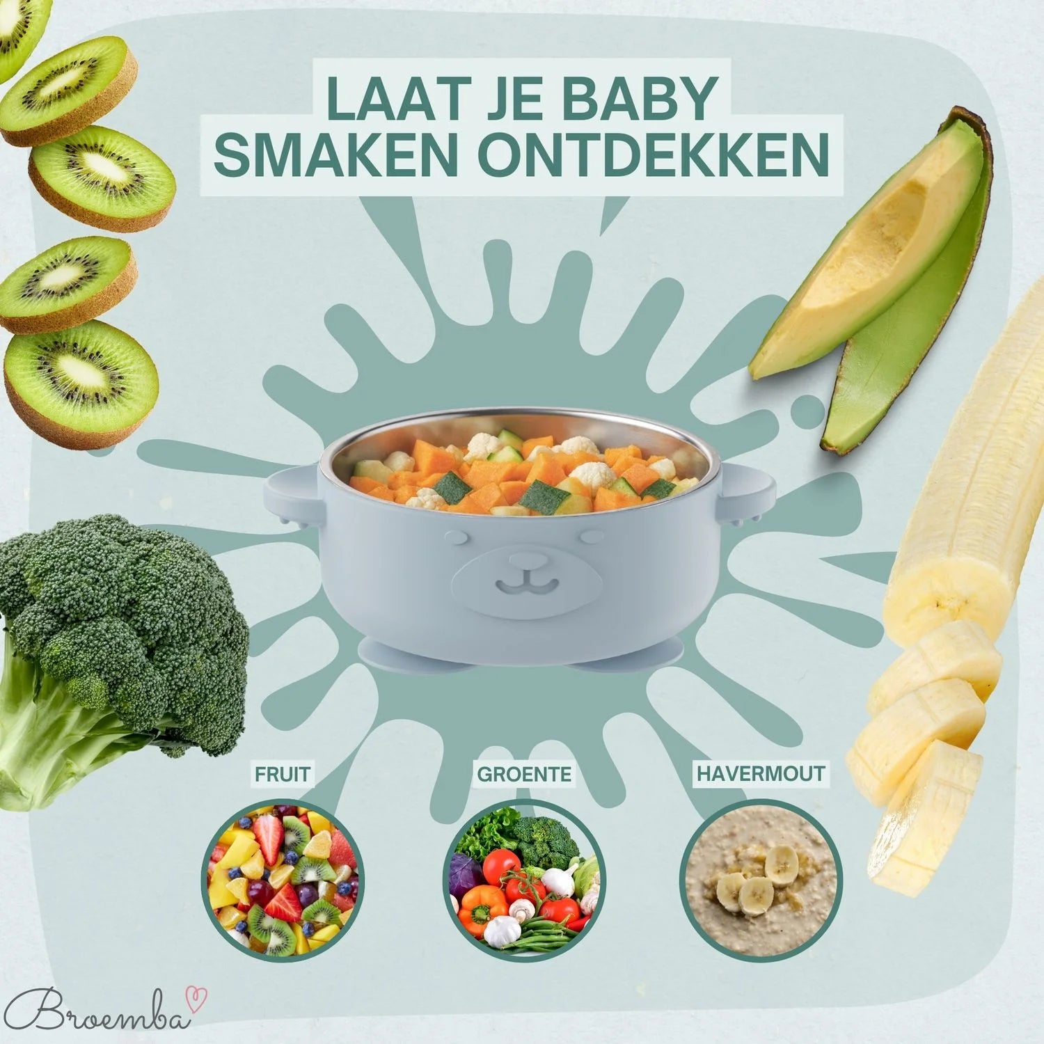 Broemba RVS baby kom met zuignap en bestek blauw