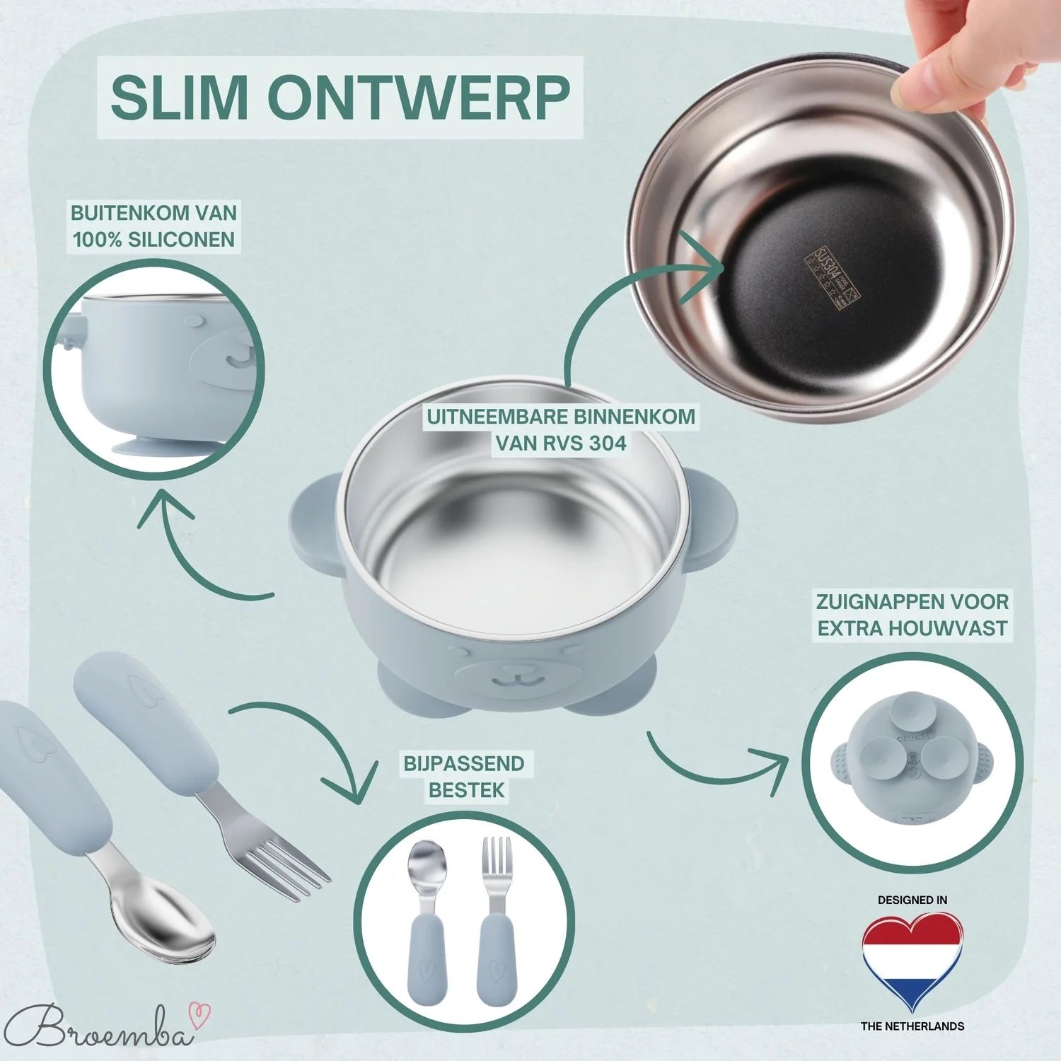 Broemba RVS baby kom met zuignap en bestek blauw