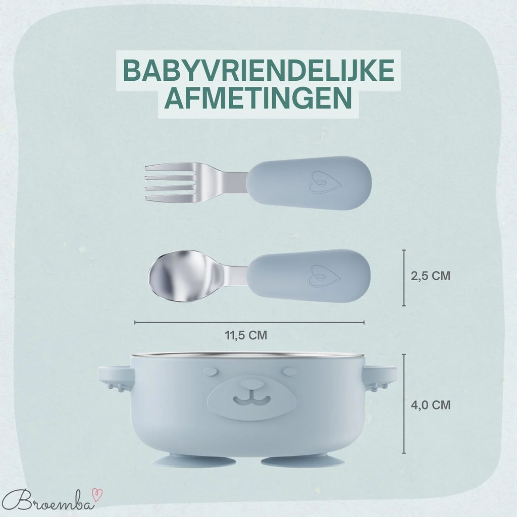 Broemba RVS baby kom met zuignap en bestek blauw