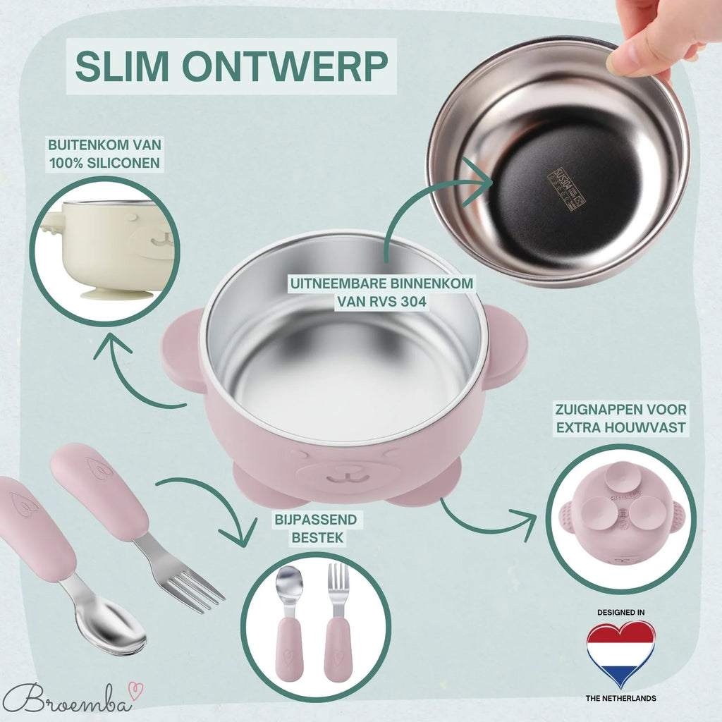 Broemba RVS baby kom met zuignap en bestek roze