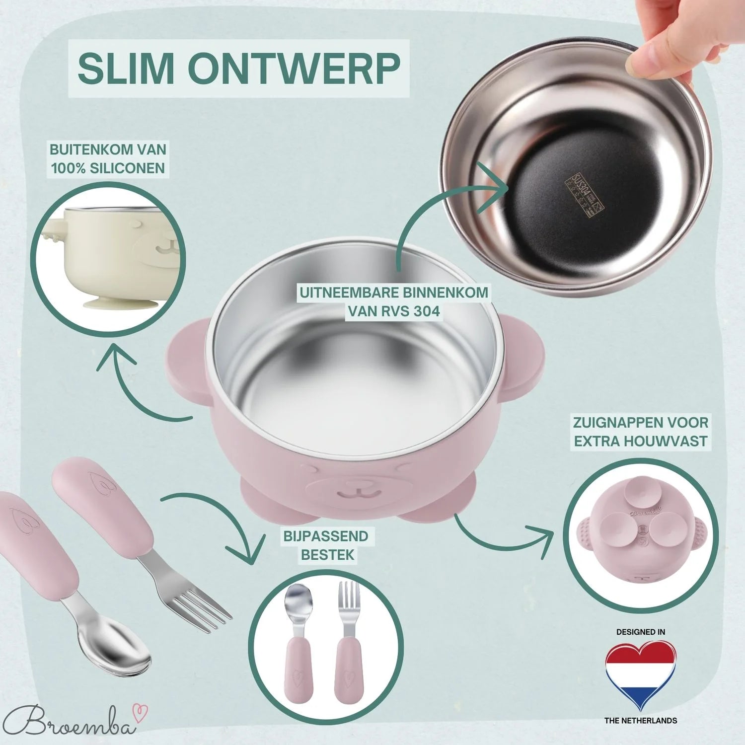 Broemba RVS baby kom met zuignap en bestek roze