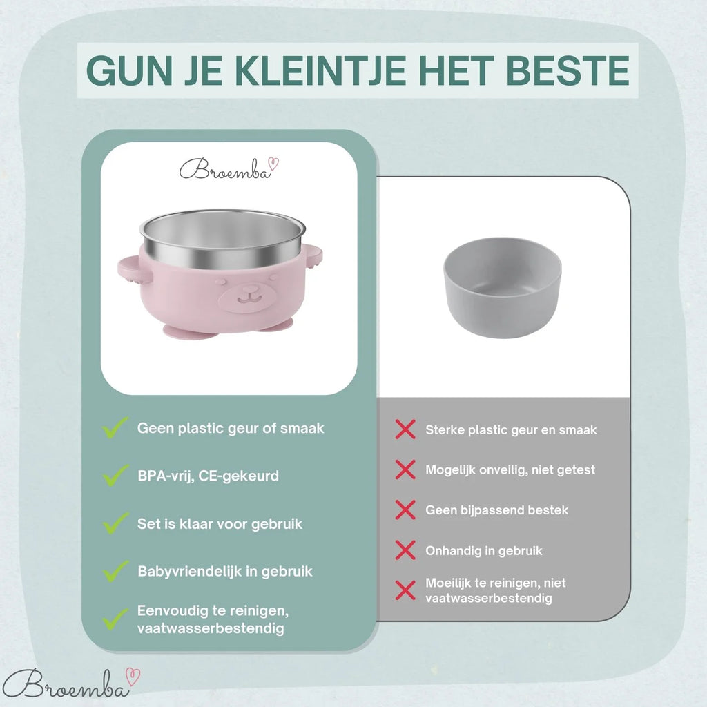 Broemba RVS baby kom met zuignap en bestek roze