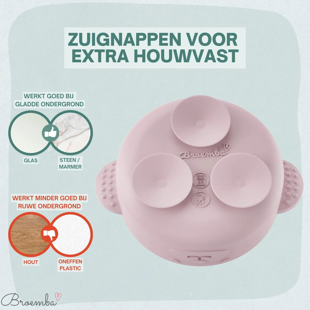 Broemba RVS baby kom met zuignap en bestek roze