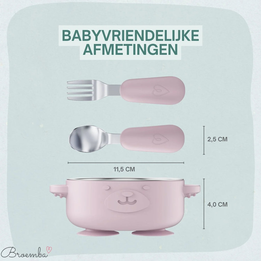 Broemba RVS baby kom met zuignap en bestek roze