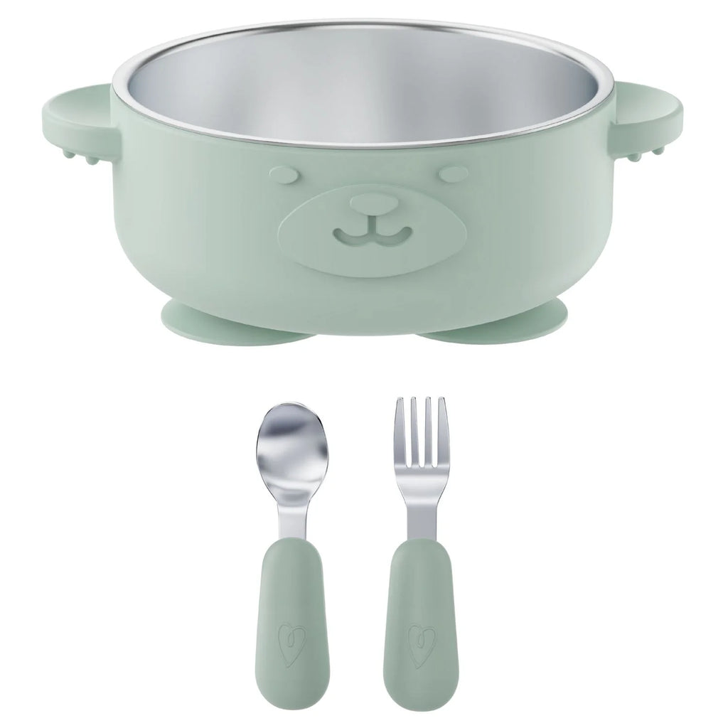 Broemba RVS baby kom met zuignap en bestek groen