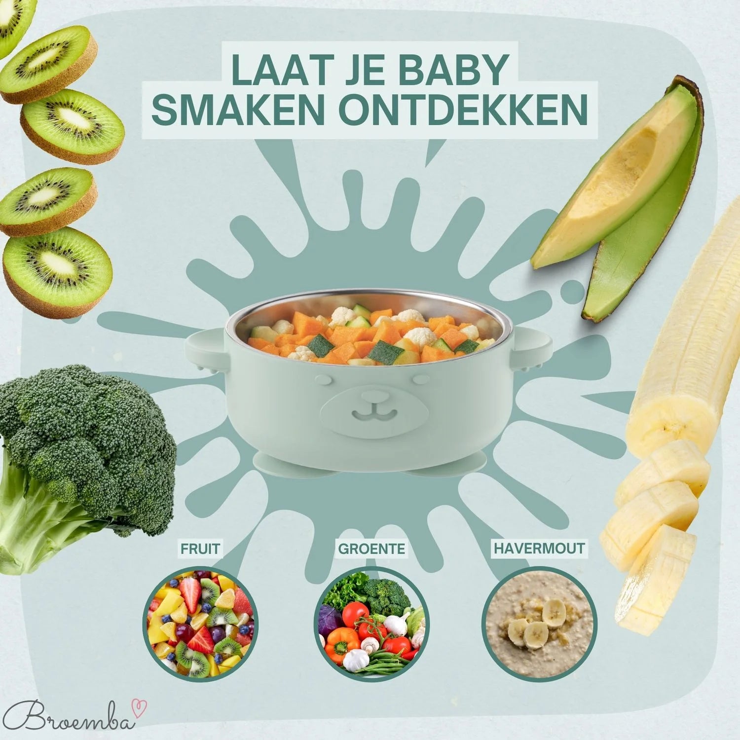 Broemba RVS baby kom met zuignap en bestek groen