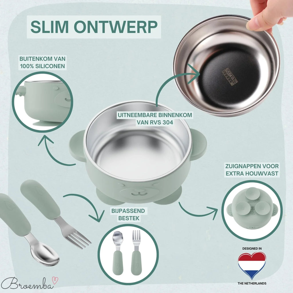 Broemba RVS baby kom met zuignap en bestek groen