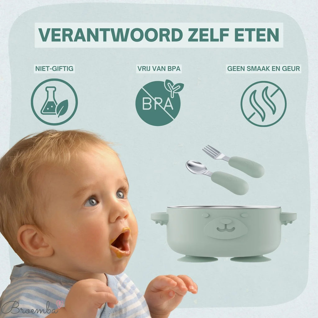 Broemba RVS baby kom met zuignap en bestek groen