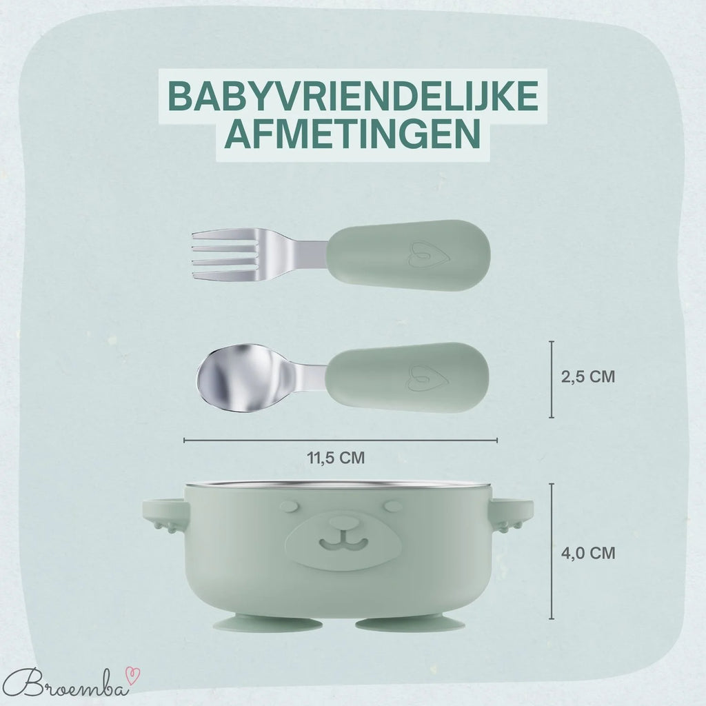 Broemba RVS baby kom met zuignap en bestek groen