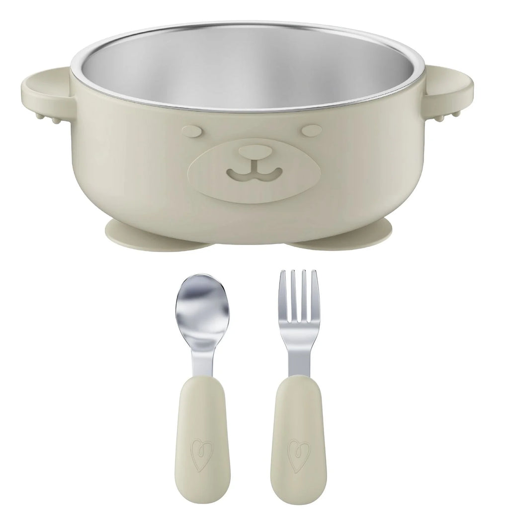Broemba RVS baby kom met zuignap en bestek beige