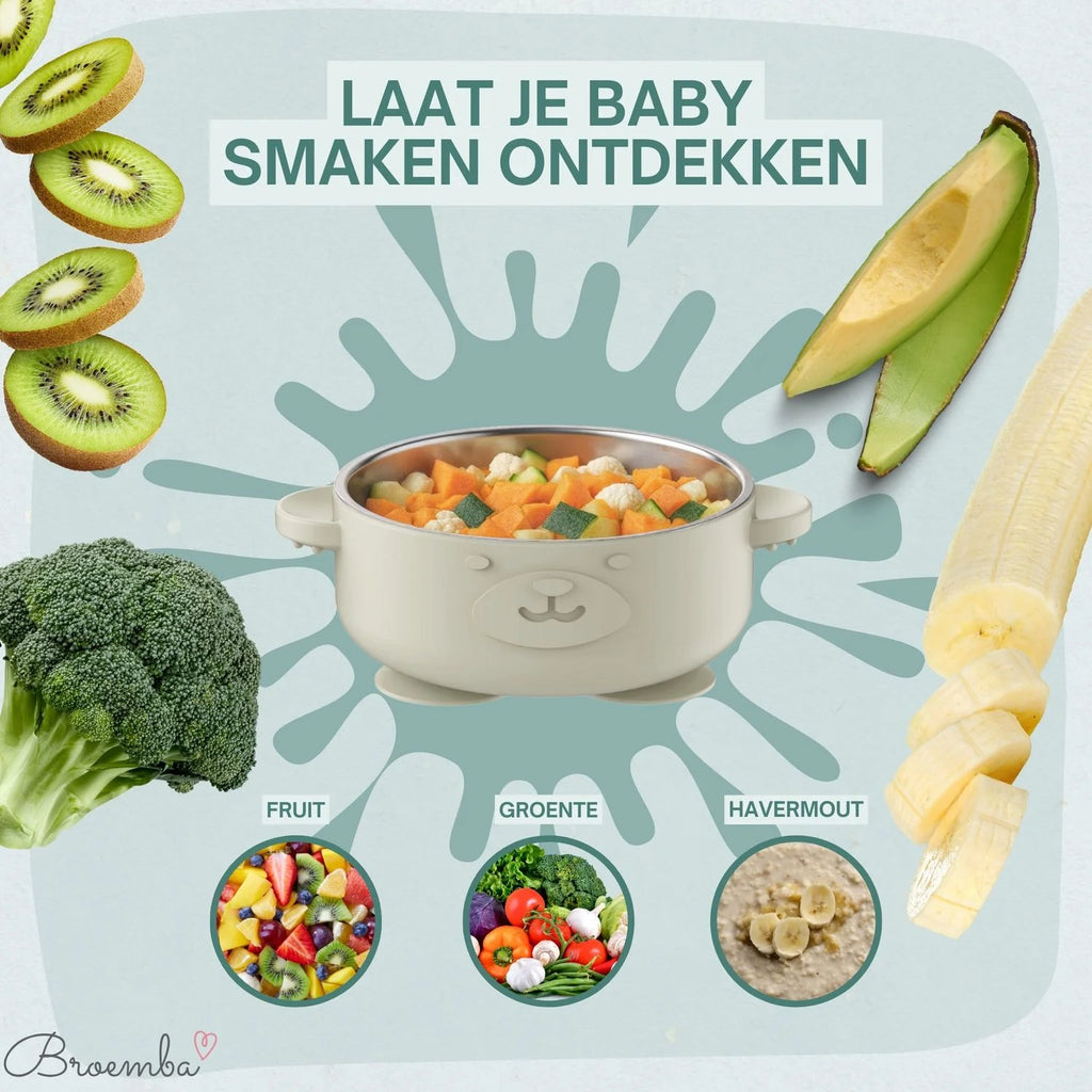 Broemba RVS baby kom met zuignap en bestek beige