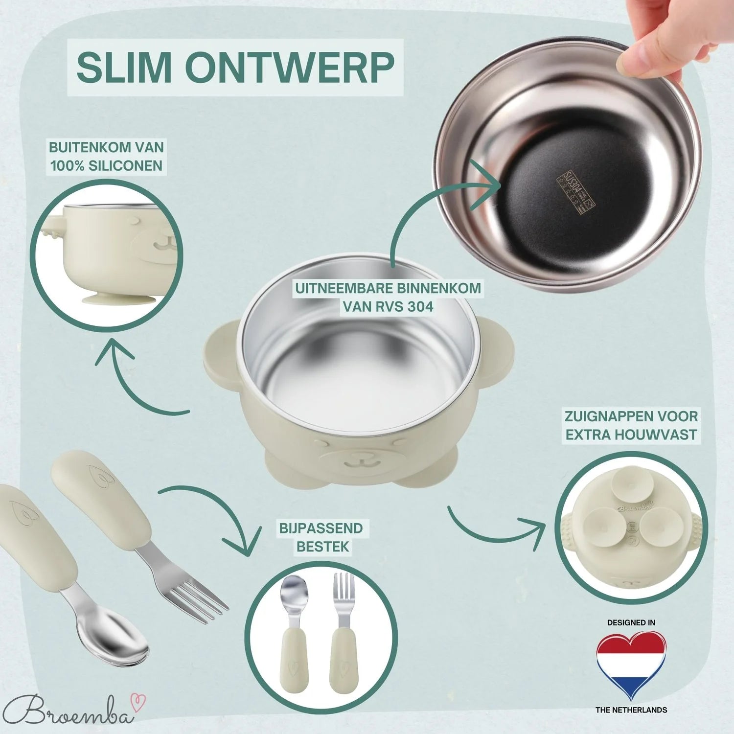 Broemba RVS baby kom met zuignap en bestek beige