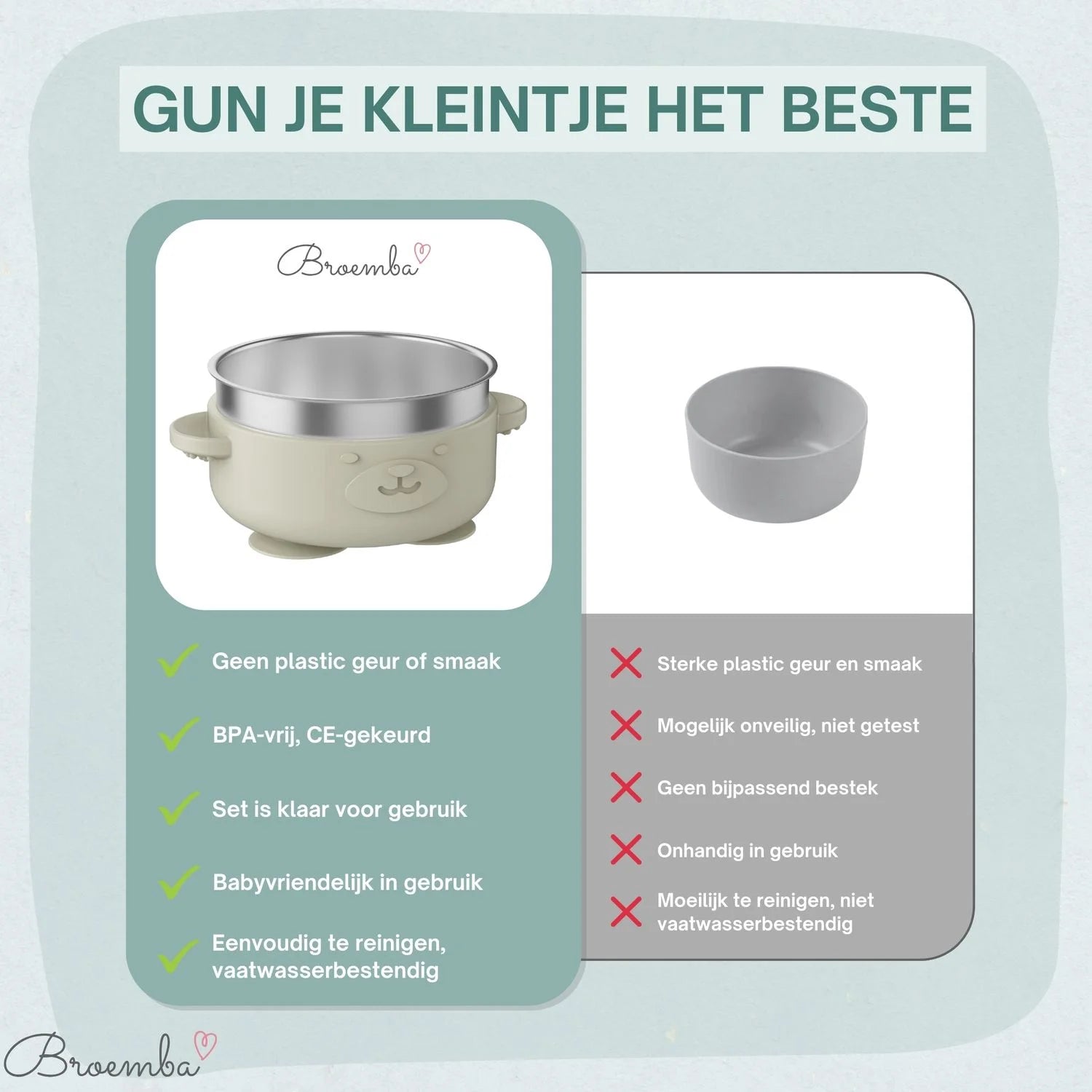 Broemba RVS baby kom met zuignap en bestek beige